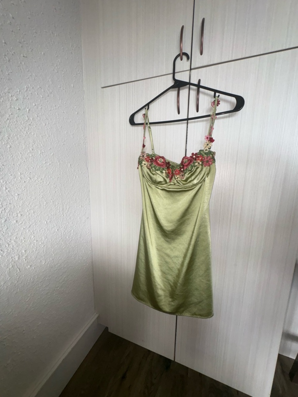 Princess Polly Olive Green Satin Mini Dress with Pink Floral Trim
